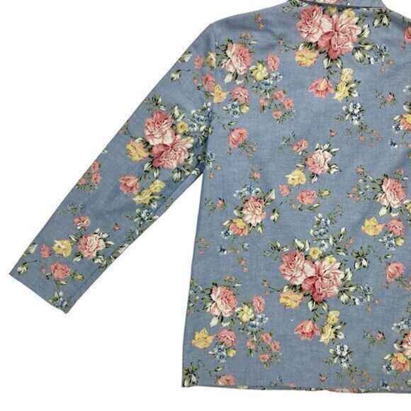 Alfred Dunner Linen Blazer Womens Sz 8 Blue Pink Floral Print 3/4 Sleeve Jacket - Picture 9 of 16